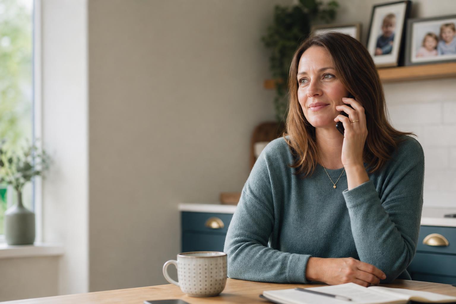 A British woman calmly on the phone at her kitchen table with family photos behind her
